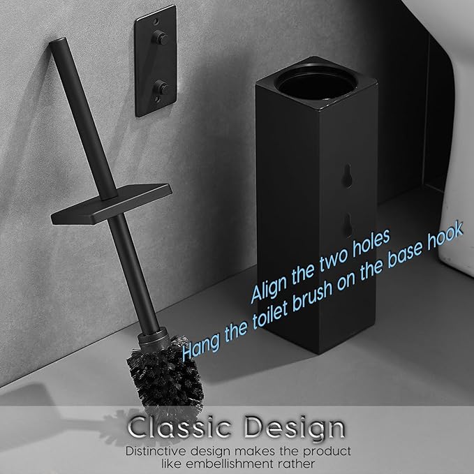 JOVYXIE Black Stainless Steel Square Toilet Brush with Metal Lid Dual-Use Toilet Brush Holder with Drilled + Drill-Free Hook Base Includes Removable Inner Bucket (Black)