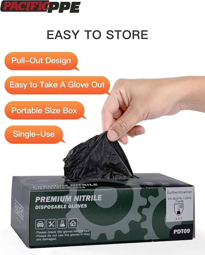 PACIFIC PPE 6-mil Black Nitrile Disposable Gloves, Food-Safe, Powder-Free, Cleaning, Textured Fingertips, Latex-Free, Medium