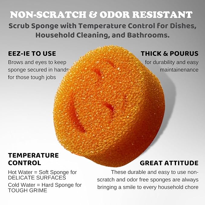 The Original Smiling Handle for Scrub Daddy (Reg. TM) Sponge and Scrub Moji Sponge - (Yellow Handle) & 3 Orange Scrub Moji's