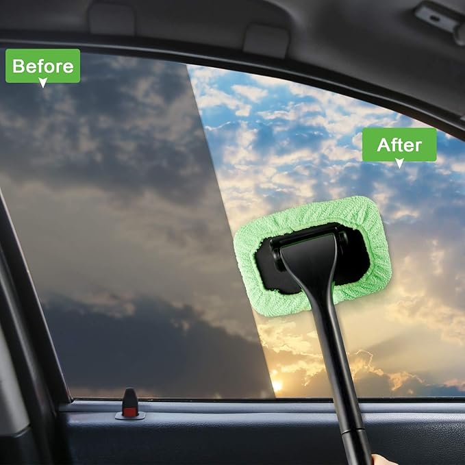 Frienda 2 Set Windshield Cleaner Tool Inside Car Windshield Cleaning Wand Auto Window Cleaner with Detachable Handle, 8 Reusable Microfiber Pads and 2 Spray Bottles for Car Interior(Gray, Green)