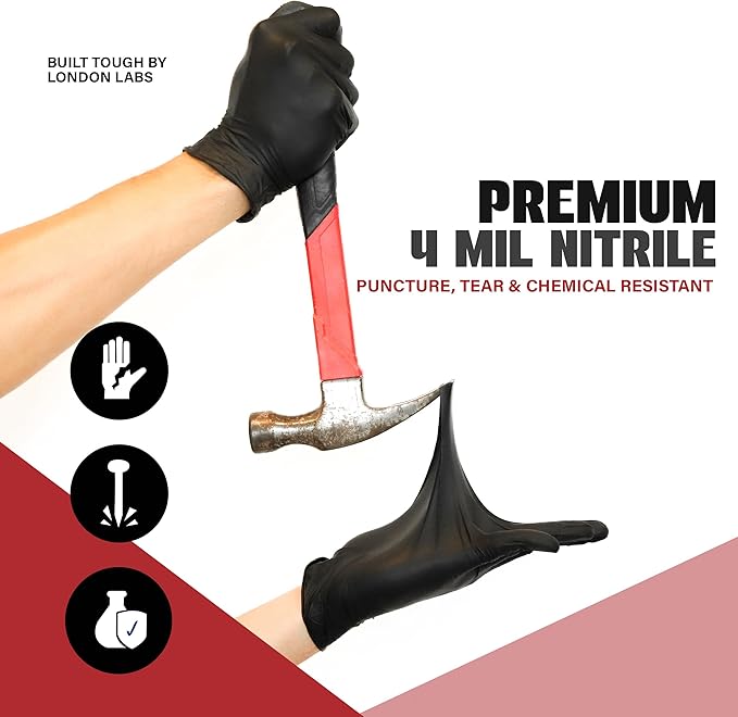 Synsafe 4 Mil - Black Nitrile Exam Gloves –Disposable Latex Free & Powder Free – Extra Strong, Rubber Gloves – First Aid Kit, Medical, EMT, Cleaning, Cooking | Pack of (100 ct)