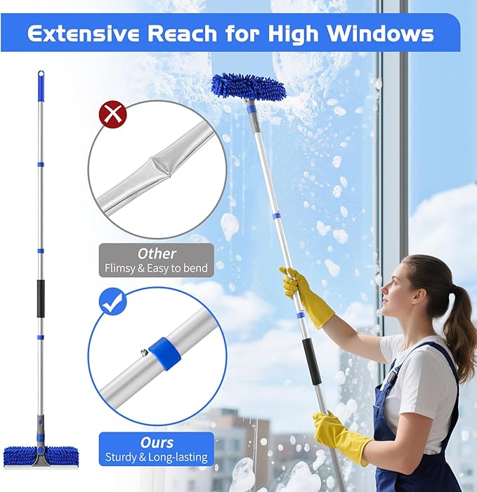 Ordenado 62" Window Squeegee Cleaning Kit, 2 in 1 Window Cleaner Tool with Long Handle, Rotatable High Windows Washing Kit for Home & Outdoor, Detachable Washer Tool Squeegee for Shower Glass, Car