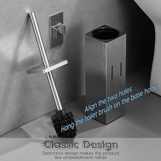 Brushed Gold Stainless Steel Toilet Brush, Square No-Punch Hook Base Toilet Brush Holder Removable Inner Bucket and Splash Proof Cover - Soft Bristles (No Drill Square Metal Cap Brushed)
