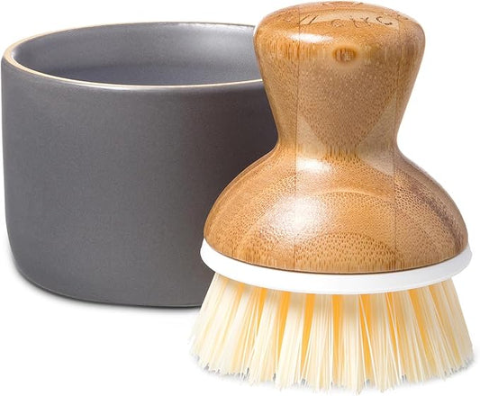 Full Circle Bubble Up Bamboo Dish Brush & Ceramic Soap Dispenser – [Bamboo Coating] Family Safe, Formaldehyde-Free – Kitchen Scrub Brush for Dishes, Nonstick & Cast Iron, Gray