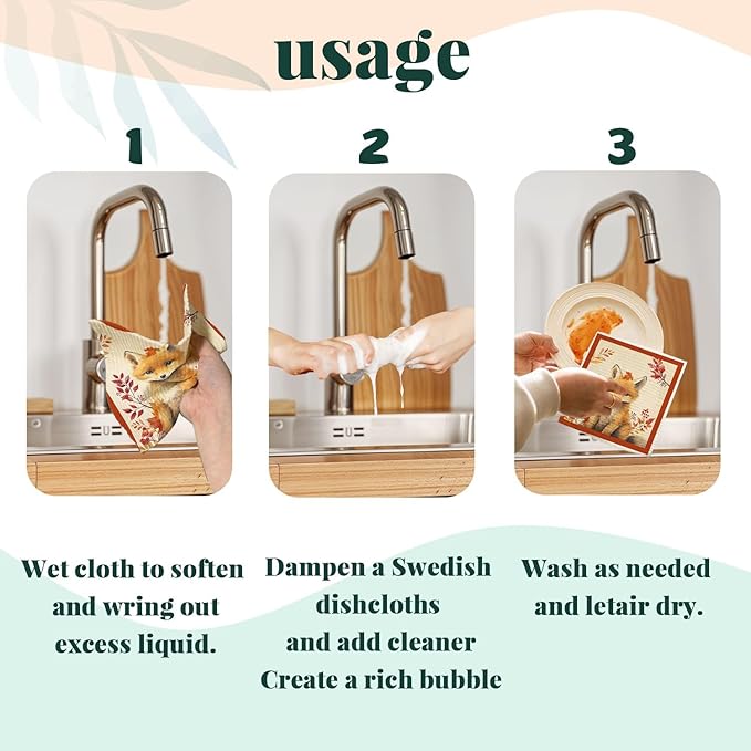 Fall Animal Swedish Dishcloths for Kitchen Cloths Towels, Cute Deer Fox Owl Squirrel Autumn Farm House Gifts 4 Pack Dish Cloths for Kitchen, Papaya Reusable Cleaning Paper Towels Washable