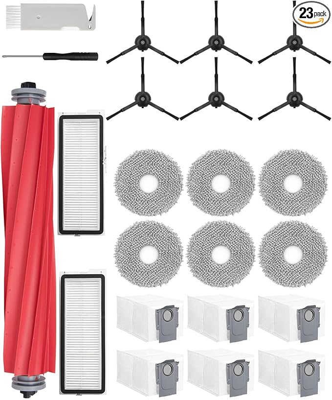 23Pack Qrevo Accessories Kit for Roborock Qrevo S, Qrevo Pro, Qrevo MaxV,Qrevo Plus Robot Vacuum Replacement Parts,1Main Brush,6Mop Pads,6Black Side Brushes,6Dust Bags, 2Filter,2Cleaning Tool
