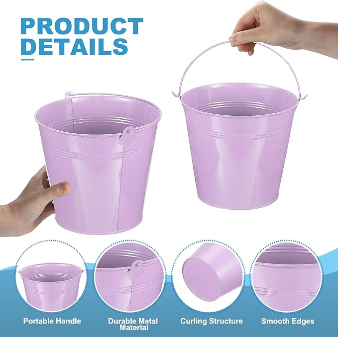 PATIKIL 7"x6.4" Small Metal Buckets with Handle, 6 Pcs Mini Galvanized Bucket Colorful Easter Buckets for Crafts Party Favors Decoration, Light Purple