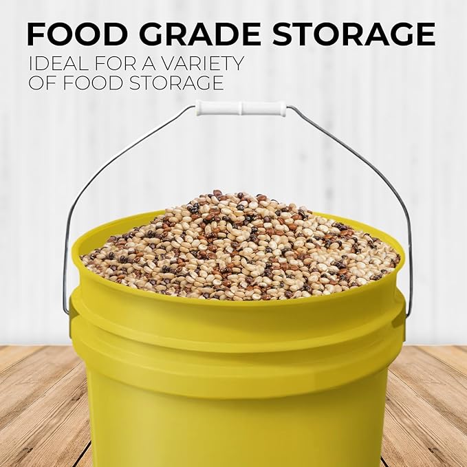 5-Gallon Yellow Bucket Pail with Gamma Seal Screw on Airtight Lid, Metal Handle with Plastic Grip for Easy Carrying, Easy Stack and Store, Heavy-Duty 90MIL Extra Durable, Food Grade, BPA Free - 5 Pack