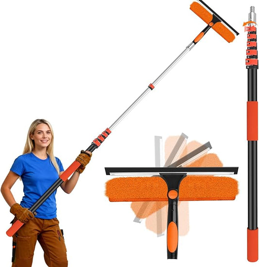 Jhkopqe 30FT Telescoping Window Cleaning Kit with 14" Squeegee - 2-in-1 Professional Window Scrubber & Extension Pole - Extra Long High-Reach Glass Cleaner Tool for Indoor & Outdoor High Windows, RV
