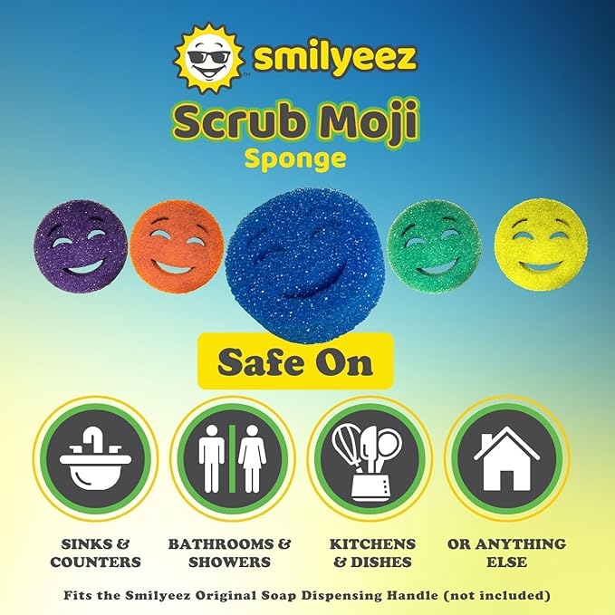 Smilyeez Scrub Moji Duo Scrubbing Sponge (Set of 3) Dual-Sided Scrub Sponges Multipurpose Sponge Scratch-Free Stain and Odor Resistant