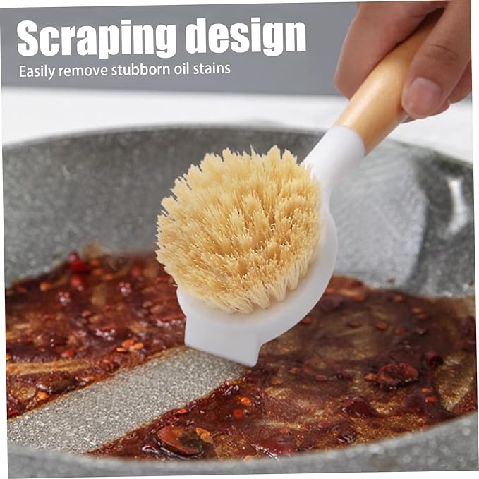 Lawnrden Bamboo Dish Brush, Dish Brush with Handle 2Pcs Scrub, Bamboo with Built-in Scraper Washing for Nonstick Frying Pan, Woks, Kitchen Sinks