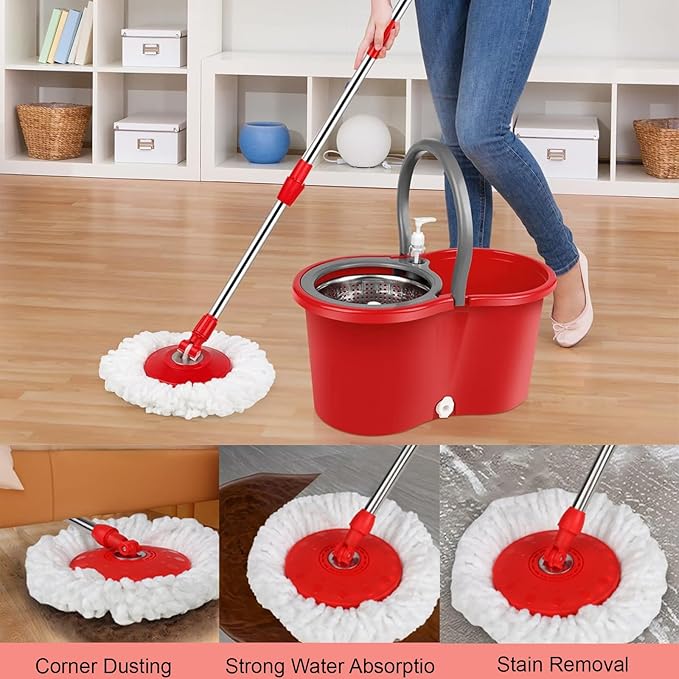 Spin Mop and Bucket with Wringer Set, 360° Spinning Mop Bucket System with 3 Microfiber Mop Replacement Heads Refills,56" Stainless Steel Extended Handle for Floor Cleaning Home(20QT) (Green) (Red)