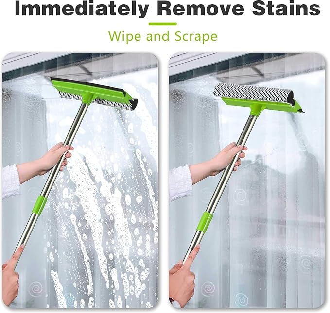 Bryquelin 2-in-1 Window Squeegee with 30"-59" Stainless Steel Adjustable Handle - Glass Cleaner for Shower Doors, Car Windshield & High Outdoor Windows