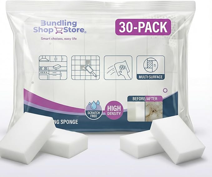 Melamine Sponge- Cleaning Pads 30 Count, High Density, Scratch Free Sponges (3.93in X 2.36in X 0.78in) for Kitchen, Bathroom, Tiles, Walls & Multi-Surface Cleaning