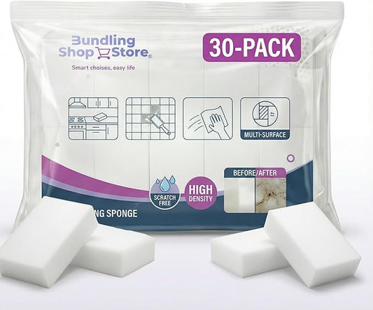 Melamine Sponge- Cleaning Pads 30 Count, High Density, Scratch Free Sponges (3.93in X 2.36in X 0.78in) for Kitchen, Bathroom, Tiles, Walls & Multi-Surface Cleaning