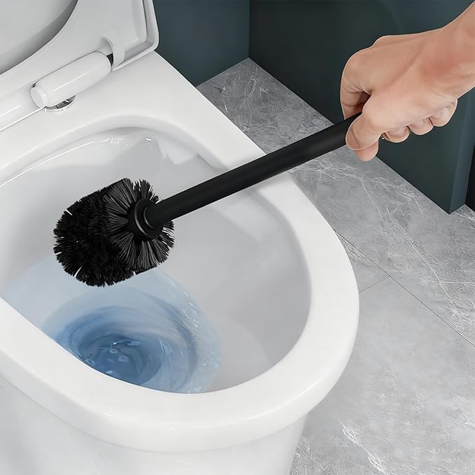 Haocoott Toilet Brush and Holder Set, 2 PCS Decorative Toilet Bowl Brush and Holder Set Bathroom Aceessories Toilet Scrubber Brush Set with Heavy-Weight Resin Base with Long Handle (Beige)