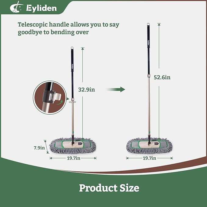 Eyliden Pro Dust Mops for Floor Cleaning - Total 3 Washable Microfiber Pads, One-Click Replacement, Telescopic Handle, Professional Design for Floors & Pet Hair (Grey+Green)