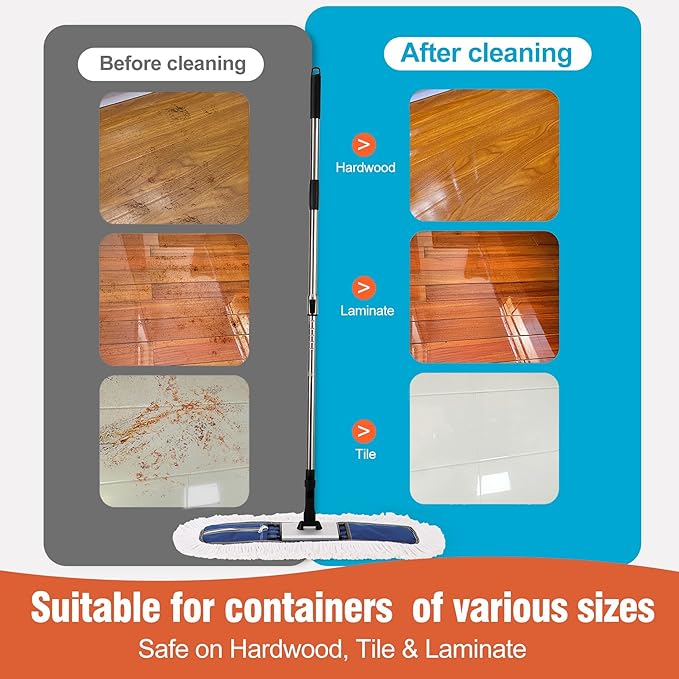 CLEANHOME 24" Heavy-Duty Commercial Dust Mop for Hardwood Floors & Large Areas - with 2 Microfiber Pads, Reinforced Telescoping Handle for Stable Cleaning in Homes, Garages & Commercial Spaces