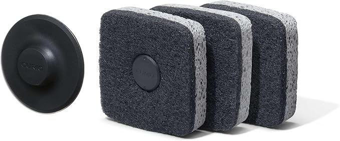 Ionic Non-Scratch Kitchen Sponge with Magnetized Holder, Dual Sided Cellulose and Scrub Pad, 3 Pack, Black/Grey