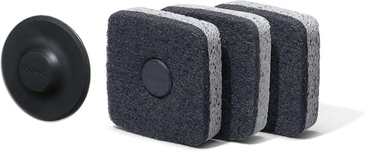 Ionic Non-Scratch Kitchen Sponge with Magnetized Holder, Dual Sided Cellulose and Scrub Pad, 3 Pack, Black/Grey