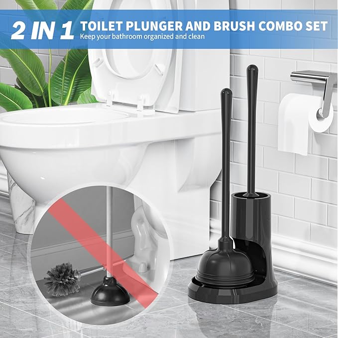 uptronic Toilet Plunger and Brush,2 Pack Bowl Brush and Heavy Duty Toilet Plunger Set with Holder, 2-in-1 Bathroom Cleaning Combo with Modern Caddy Stand for 5.7-inch Toilet Drain Bathroom Cleaning