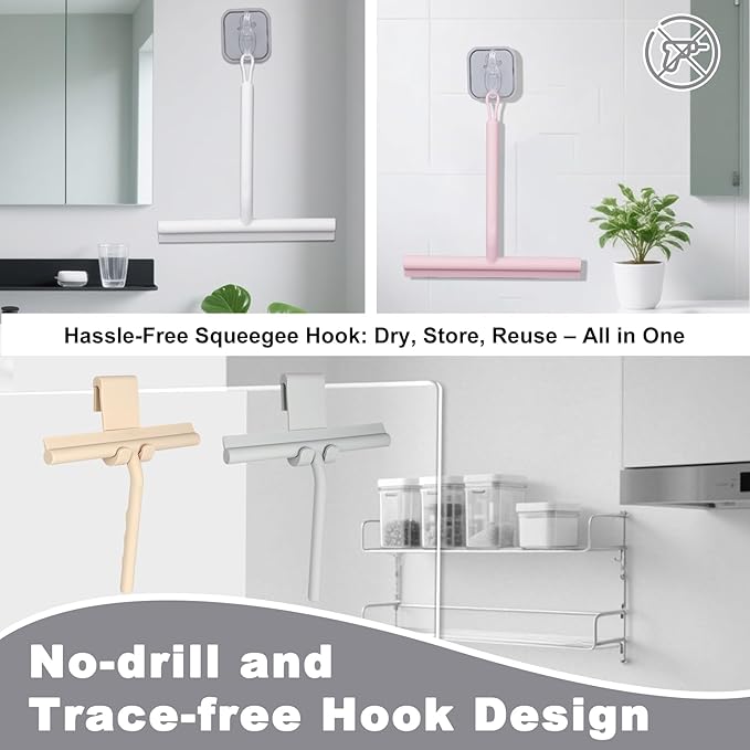 DEOFUXT Squeegee for Shower Glass Doors, Resilient Loop - No-Drill & Adhesive Hook, Silicone Shower Squeegee with Stainless Steel Core, Cleaning Tool for Home, Kitchen, Bathroom & Car - White