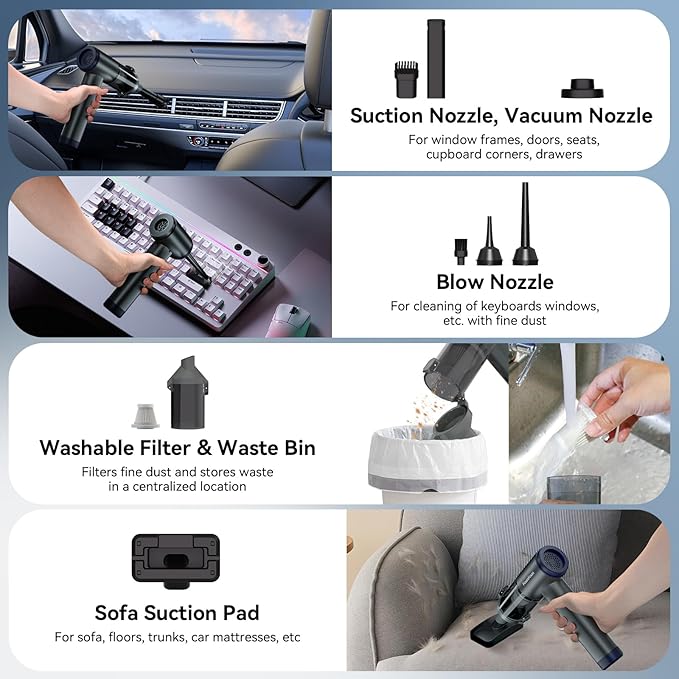 MGVK Handheld Vacuum Cordless, Portable Car Vacuum, High Power Cleaner for Pet Hair/Car/Home, Suction & Blow 2 in 1, 17-30 Min Run Time, Small Lightweight Gadget, Type-C Rechargeable