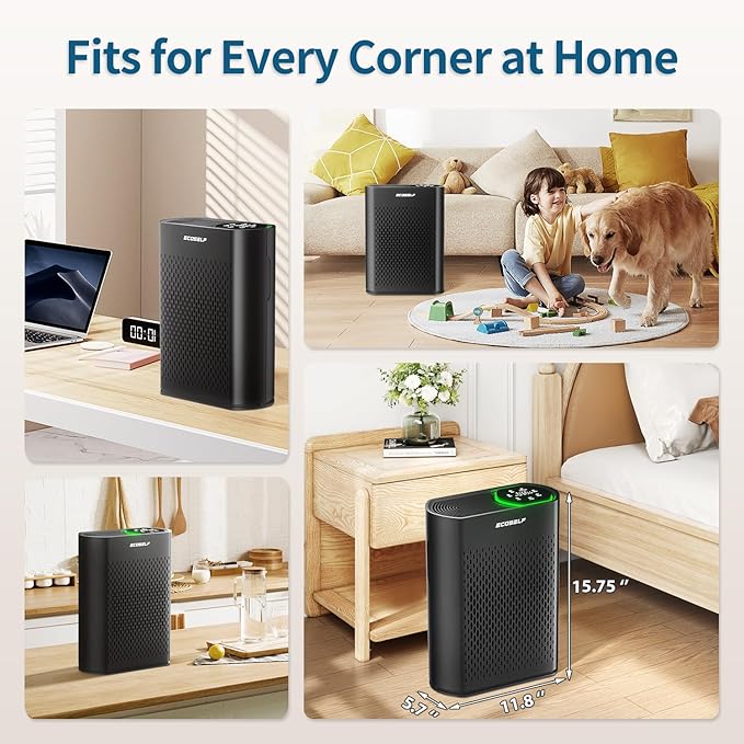 Powerful Air Purifiers for Home Large Room Up to 2400 Ft², ECOSELF HEPA Air Purifier with PM 2.5 Air Quality Display 20dB Sleep Mode, Air Purifiers for Bedroom Office Living Room HAP602 Black
