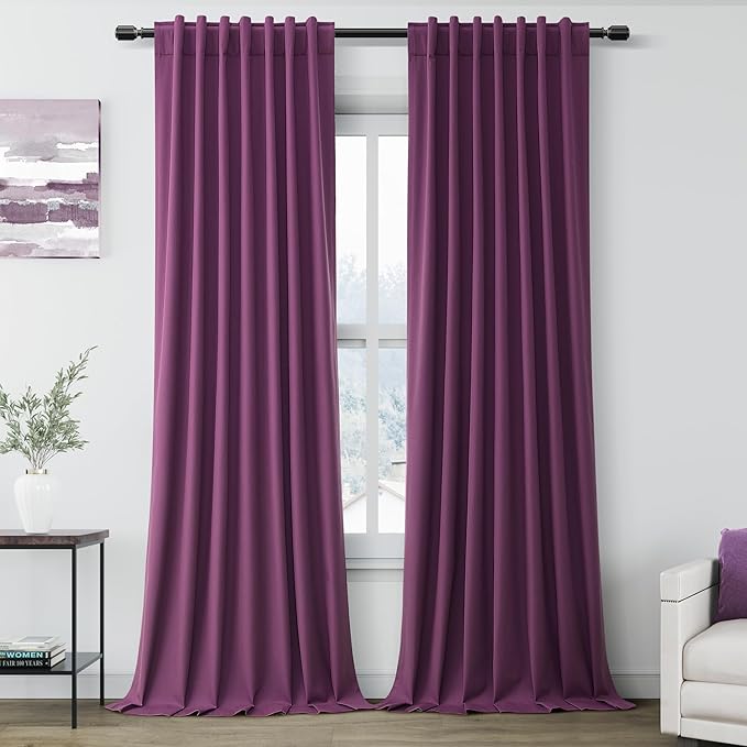 Purple Linen Blackout Curtains 120 Inch Length 2 Panels Set Extra Long 10 Ft Back Tab Pocket Drapes Thermal Insulated Total Blocking Curtains for Dining Room Cottage High Window Curtain 52x120 Inch