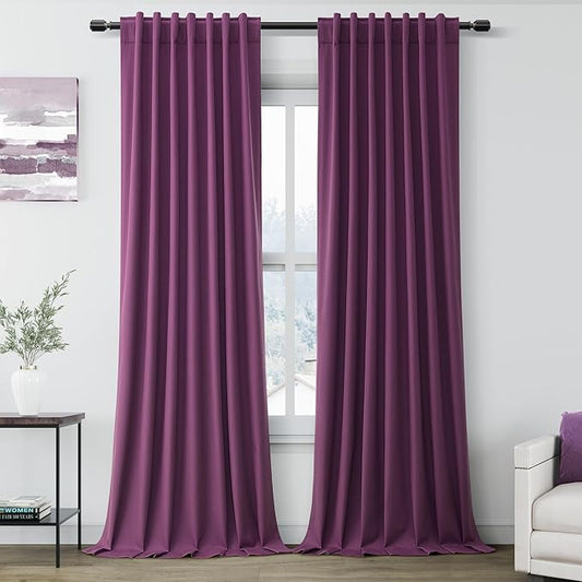 Purple Linen 100% Black Out Curtains 108 Inches Long 2 Panels Set for Bedroom Boho Farmhouse Back Tab Thermal Insulated Energy Efficient Room Darkening Curtains Living Room High Ceiling Length 9 FT