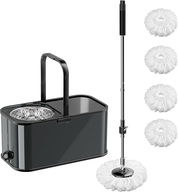 SWIFTIRON Stainless Steel Spin Mop and Bucket with Wringer Set for Home,360° Mop and Bucket with Separate Clean and Dirty Water,Wet Dust Mop for Floor Cleaning with Extra Refills (Black)