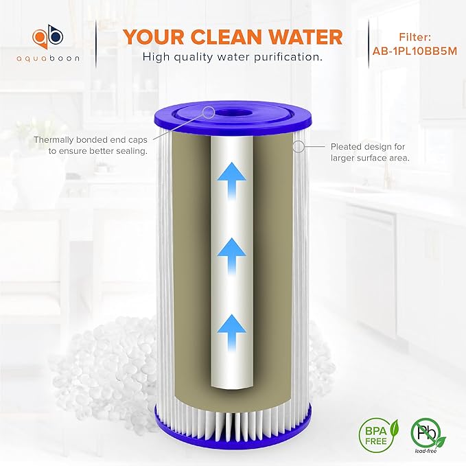 Aquaboon 5 Micron Pleated Sediment Water Filter 10 x 4.5 Cartridge - Whole House Water Filter Replacement - Whole House Water Filters Cartridges Compatible with Well Filters FXHSC, R50-BBSA, 10-Pack