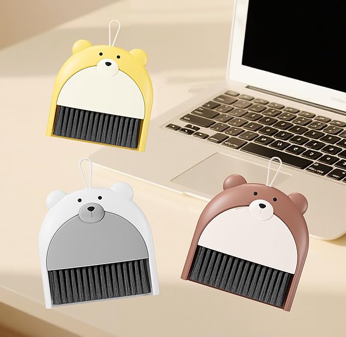 3 Pack Small Broom and Dustpan Set,Mini Portable Hanging Storage Cleaning Brush for Home Desk, Sofa, Car,Kitchen Countertops, Pet Manure Cleaning (Bear)