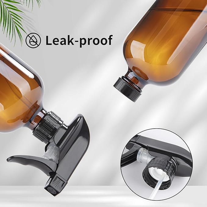 HOMBYS Empty Glass Amber Spray Bottles with Silicone Sleeve Protection - Refillable 16 oz Containers for Cleaning Solutions, Essential Oils, Misting Plants - Quality Sprayer -(2 Pack Amber)