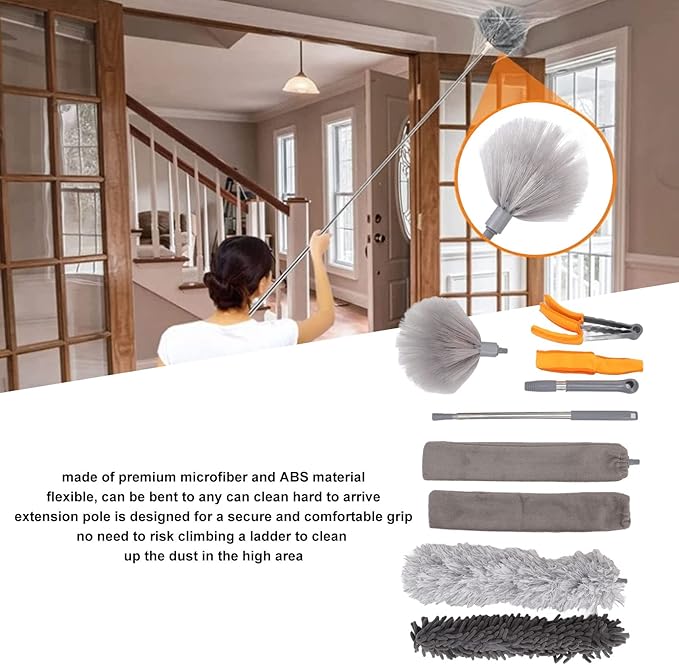 Tyenaza 9Pcs Microfiber Duster Kit, Extendable Feather Duster House Cleaning Tool for Home Use