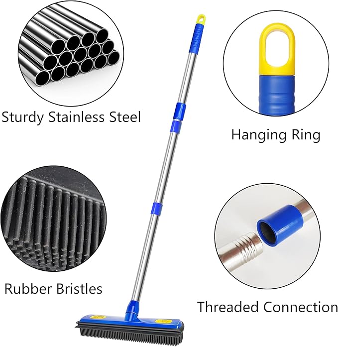 AODOZO Pet Hair Removal Broom - with 58" Telescopic Handle Broom with Squeegee - Fur Hair Remover Tool for Carpet Rugs, Mats. Hardwood, Tile, Window