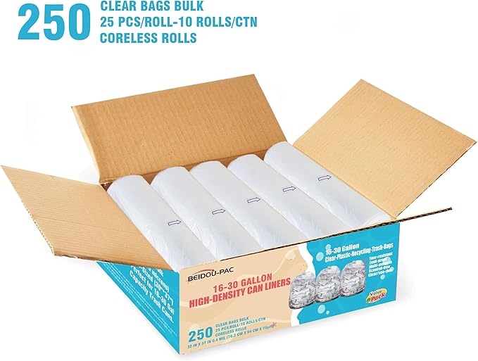 BEIDOU-PAC 16-18-20-30 Gallon Trash Bags, 250 Count Bulk, Clear Plastic Recycling Bags, Multi-purpose Garbage Bags Can Liners for Business Home Kitchen Commercial and Industrial