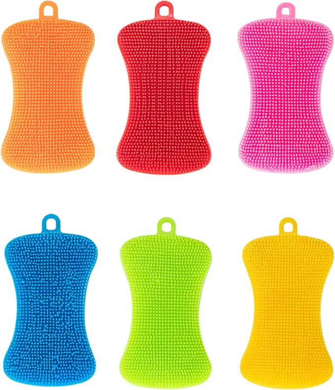 Silicone Sponge Dish Washing Kitchen Scrubber, 6 Pack Reusable Dish Washing Cleaning Sponges Double-Sided Multipurpose Non Stick Silicone Dish Sponges for Dishes, Fruit, Vegetable （Multicolor）