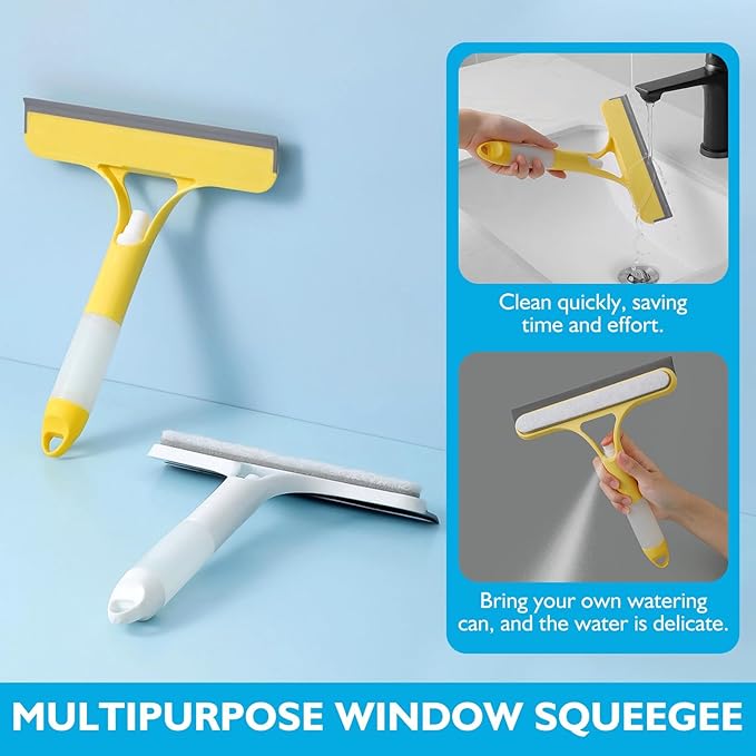 3 in 1 Spray Window Squeegee Cleaner Scraper, WindowSqueegee with Brush and Built-in Spray BottleAll-Purpose Shower Glass, Mirrors, Car, Home Window Cleaner Tool (White)
