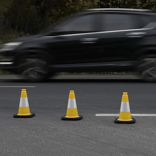 Fluorescent Orange/Green PVC Traffic Cones, Heavy Black Base Parking Lot Cone Structurally Stable Weatherproof Road Construction Safety Cones (4, Yellow, 12" Small)