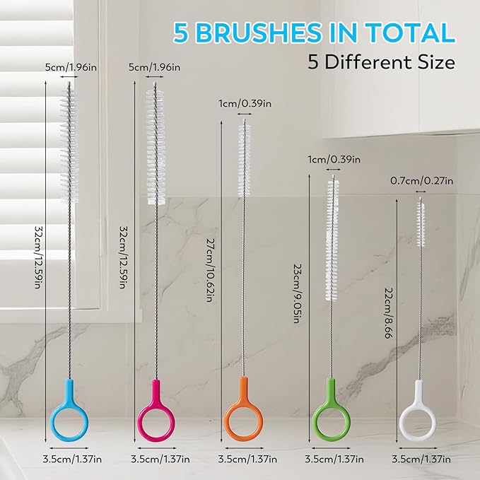ZRHR Heavy Duty Straw Cleaner Brush Set of 5, Reusable Cleaner Brush with Metal and Plastic, Extra Long Straw Brush for Stanley Cup Tumbler Glass Silicone
