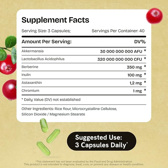Akkermansia Muciniphila Probiotics 320 Billion CFU| GLP-1 Probiotic and Prebiotic | Akkermansia Probiotics for gut health | Inulin Prebiotic Fiber Capsules Astaxanthin & Berberine & Chromium 480 count
