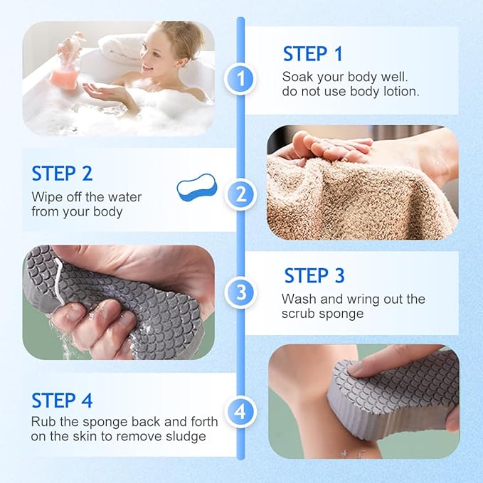 Magic Exfoliating Bath Sponge, 2025 New Super Soft Exfoliating Bath Sponge, 3D Magic Exfoliating Body Scrubber, Shower Sponges for Body Removes Dead Skin (White Blue)