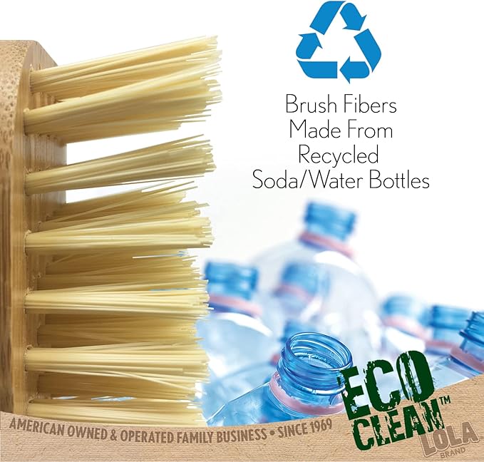 LOLA Bamboo Scrub Brush for Cleaning, Ergonomic Sustainable Durable Poly Bristles Made from Recycled Soda/Water Bottles Easy Hang Hole 1 Pack