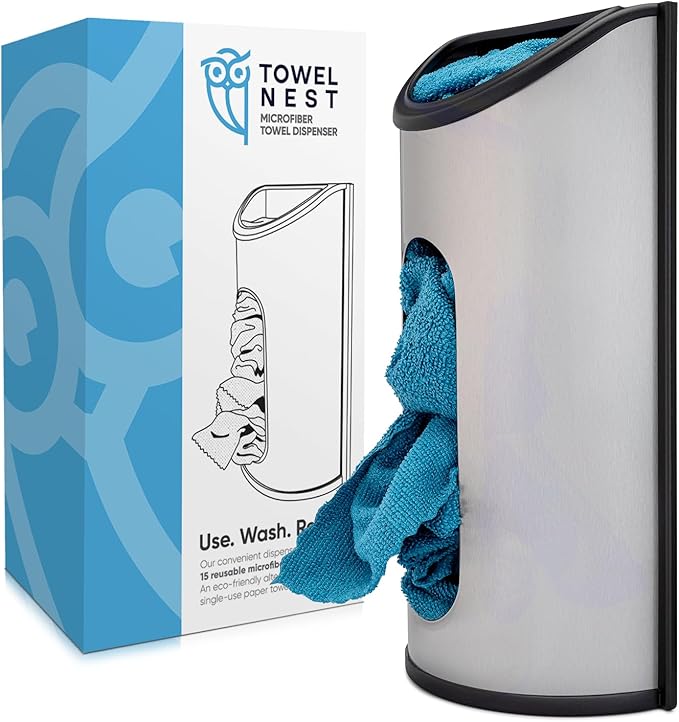 TowelNest Microfiber Cloth Dispenser | 15 Reusable Cloths (Slate Blue) | Eco-Friendly Paper Towel Alternative | Absorbent & Washable | Wall/Cabinet Mount (3M Adhesive & Screws Included)