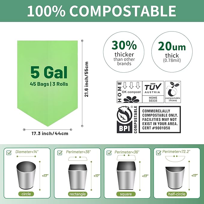 Eargardin 5 Gallon Trash Bags Compostable Compost Small Garbage Bag Extra Thick 0.78 Mil for Kitchen Bathroom BPI Certified 45 Counts, Green