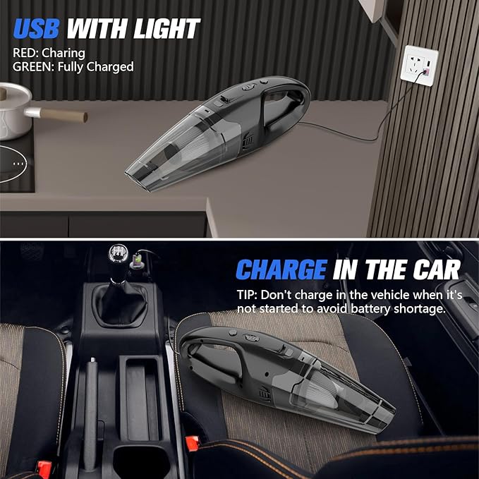 BSRCO Handheld Vacuum Cordless Rechargeable 3-in-1, Car Vacuum Portable Cordless with USB Charge, Handheld Vacuum with LED Light, HEPA Filter, 1.65LBs Lightweight Vacuum Cleaner for Dust, Pet Hair