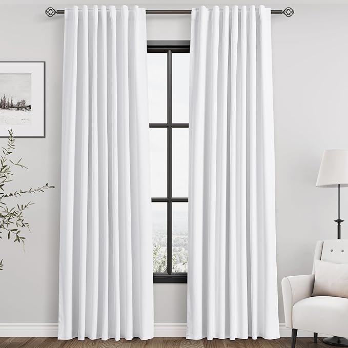 Full Blackout Linen White Curtains, 94 Inches Long for Living Room Patio Sliding Door Back Tab 100% Black Out Bedroom Curtains Pure White Boho Elegant Modern Cosatal Window Curtain Panels Set of 2