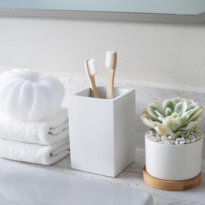 Yew Design Matte White Toothbrush and Toothpaste Holder for Bathroom Vanity and Countertop, Square Organizer for Electric Toothbrushes, Floss, Razors, Cotton, and Mouthwash
