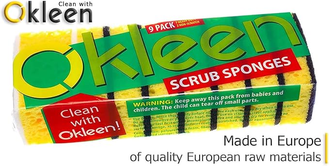 Yellow Multi Use Scrub Sponge. Made in Europe. 9 Pack, 4.3x2.8x1.4 inches. Odorless Heavy Duty and Non Scratch Fiber. Durable and Delicate Scrubber for Hard Dirty Surfaces in Daily Cleaning